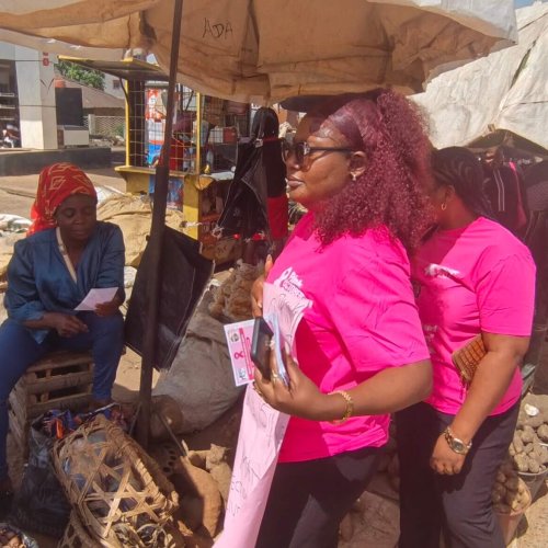 HEDECS Cameroon team sharing breast cancer awareness at Bamenda Food Market.
